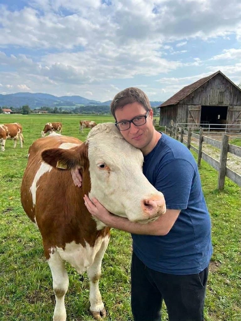 Član tima Parenja grli simentalsku kravu na pašnjaku